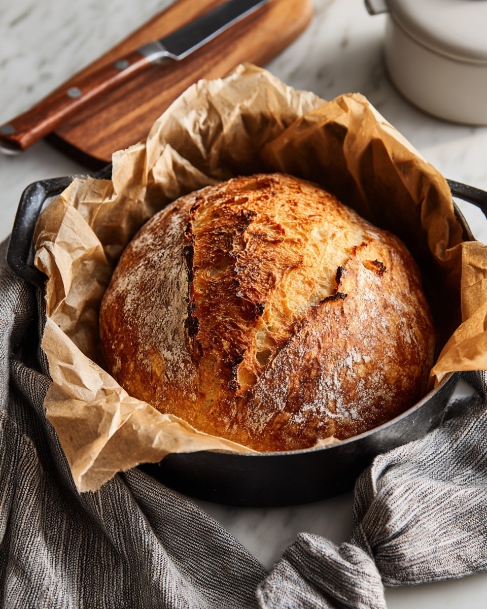 A round loaf of bread with a golden brown crust and darker toasted spots sits inside a black pan lined with crinkled parchment paper, showing areas of lighter tan and crisp edges. The pan rests on a wooden board on a white marbled surface with a grey striped cloth nearby. A white ceramic container with a lid and a knife with a black handle and silver blade are also on the surface. The bread looks crusty and rustic with natural cracks on top. photo taken with an iphone --ar 4:5 --v 7
