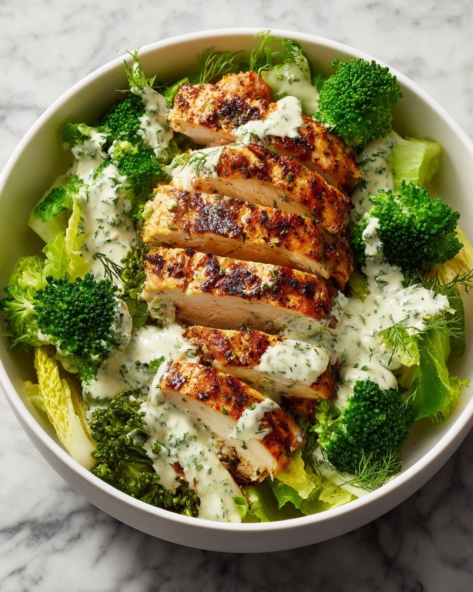 The image shows a white bowl filled with fresh green lettuce leaves at the bottom layer, topped with bright green broccoli florets placed around the edges. On top, there are three thick slices of grilled chicken breast with a golden-brown, lightly charred texture. Creamy white sauce with green herbs is drizzled over the chicken slices, adding a smooth contrast to the grilled meat. The bowl sits on a white marbled surface. Photo taken with an iphone --ar 4:5 --v 7