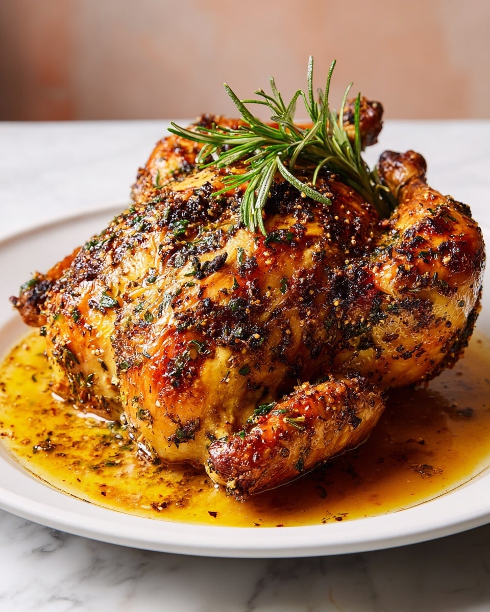 A whole roasted chicken with a golden-brown, crispy skin covered in specks of green herbs sits centered on a white plate. The chicken has a shiny, glistening surface from its juices and a layer of sauce pooling around its base. A small bunch of fresh rosemary rests on top, adding a pop of green. The chicken's browned, textured skin shows slight charring and crispy edges, highlighting its cooked layers. The plate is on a white marbled surface with a blurred background of food and warm lighting. photo taken with an iphone --ar 4:5 --v 7