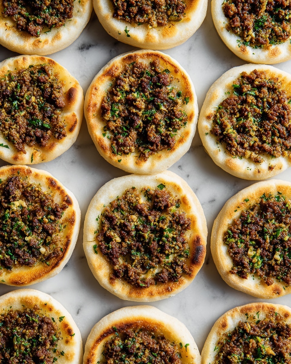 The image shows a close-up view of many small round flatbreads, each with a thick, browned meat topping spread evenly across the center. The flatbreads have a lightly charred edge with a golden-brown color, with the dough looking soft and slightly puffy around the perimeter. The meat layer is a mix of brown tones with a slightly coarse texture and some green bits inside, suggesting herbs or spices mixed in. The flatbreads are arranged closely in several neat vertical rows on a white marbled surface. The photo taken with an iphone --ar 4:5 --v 7