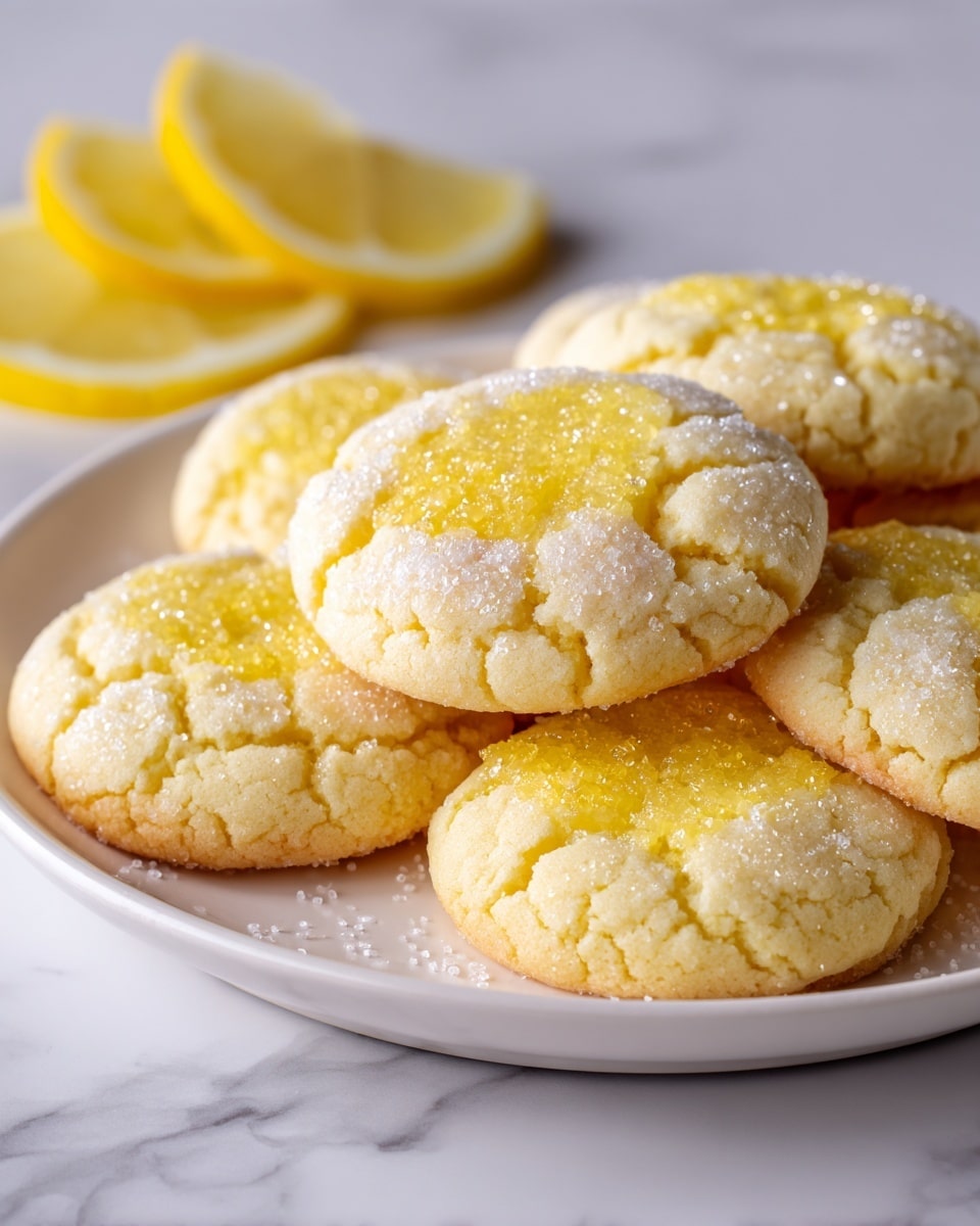 A close-up view of several soft lemon sugar cookies arranged in a pile on a white plate, each cookie showing a pale yellow color with a slightly cracked texture and coarse sugar sprinkled on top, with hints of lemon zest visible in the center. The plate is set on a white marbled surface, and partially visible lemon slices add a bright yellow accent next to the cookies. photo taken with an iphone --ar 4:5 --v 7