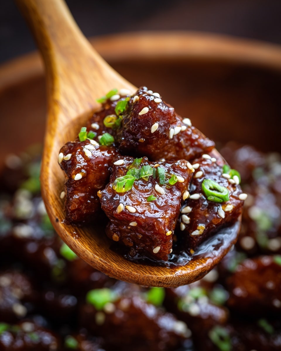 A close-up view of a wooden spoon holding several pieces of glossy, dark brown chicken coated in a thick sauce. The chicken pieces are sprinkled with small white sesame seeds and bright green chopped scallions, giving a nice contrast against the rich sauce. In the background, out of focus, more chicken pieces in the same sauce can be seen, adding depth to the image. The photo is taken over a blurred white marbled textured surface. photo taken with an iphone --ar 4:5 --v 7
