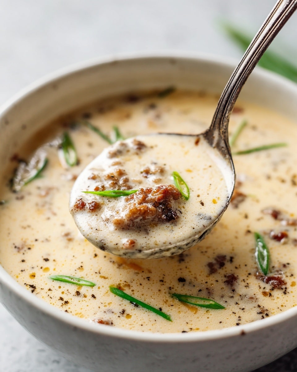 A close-up of a thick, creamy soup with a light yellow base filled with small bits of brown and orange ingredients, lifted by a silver ladle above a bowl filled with the same soup. The soup is garnished with thin slices of bright green scallions scattered on top. The smooth, speckled texture of the soup shows the mixture of spices and ingredients within, and the whole scene is set against a white marbled surface. photo taken with an iphone --ar 4:5 --v 7
