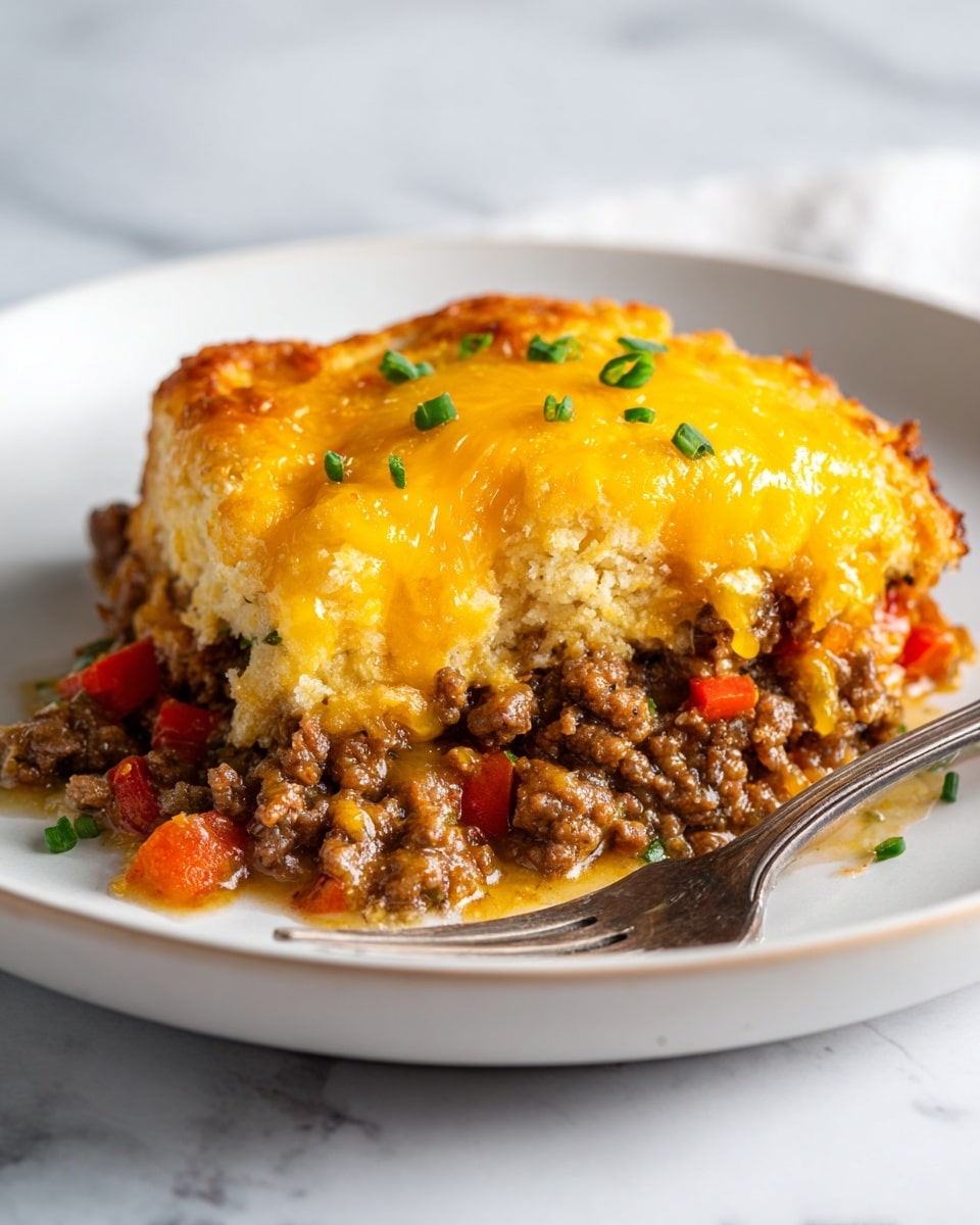 The dish shows a close-up of a layered meat casserole served on a white plate with a white marbled texture surface. The bottom layer is a thick, dark brown ground beef sauce mixed with diced red tomatoes and some visible herbs, looking juicy and rich. Above that is a thick, golden-brown biscuit layer with a slightly crumbly texture and melted yellow cheese melted on top, with some green herbs sprinkled over for color. The meat sauce is spilling out slightly around the biscuit, showing the moist inside. A shiny fork is placed to the left side of the plate. Photo taken with an iphone --ar 4:5 --v 7