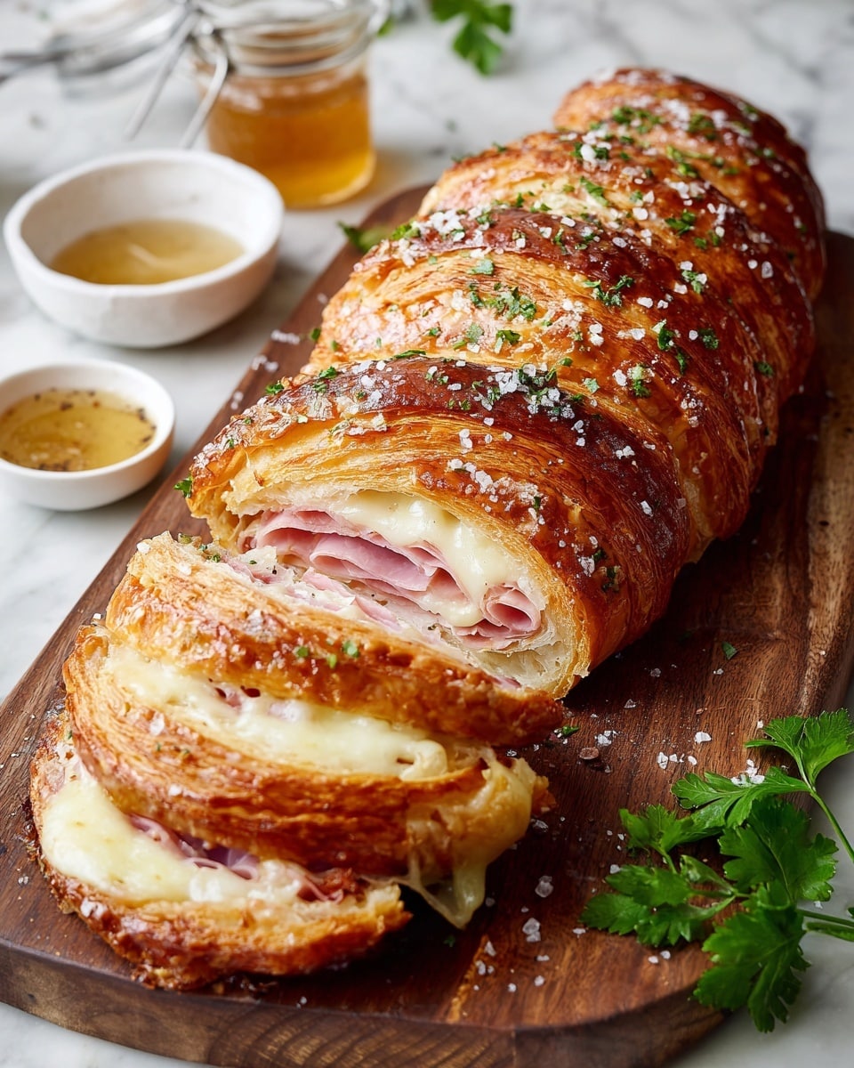 This image shows a long, golden-brown croissant roll made in sections with visible layers of flaky pastry. Each section is filled with pink ham and creamy, melted white cheese, oozing slightly at the edges. There are about ten sections arranged in two rows on a wooden board. The croissant tops are shiny with a light egg wash and sprinkled with small bits of green herbs and coarse salt. Around the board, there are three small white bowls filled with different sauces or dips, and fresh green parsley leaves for decoration, all set on a white marbled surface. photo taken with an iphone --ar 4:5 --v 7