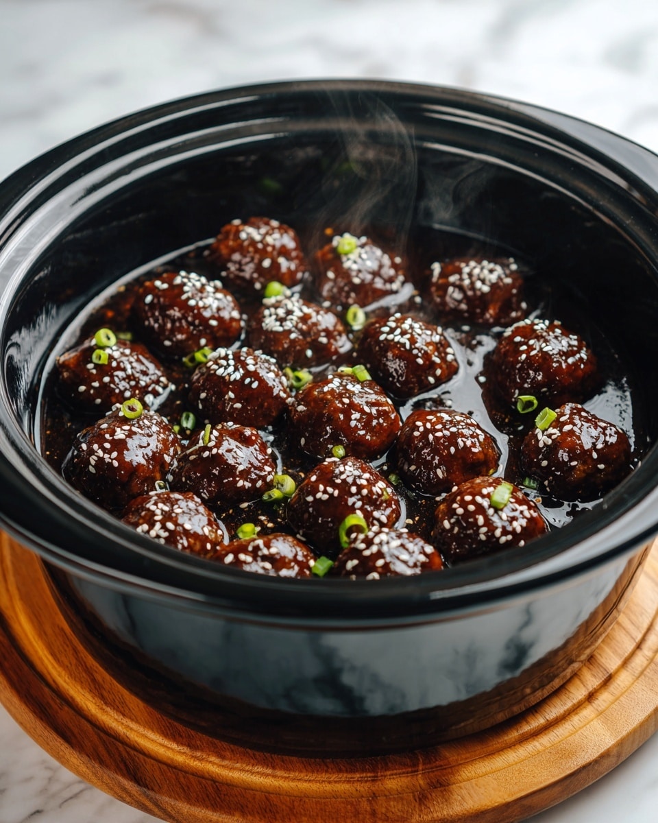 A black pot filled with about fourteen shiny brown meatballs that are covered in thick, glossy dark sauce, sprinkled with white sesame seeds and small green onion pieces on top. Steam rises gently from the meatballs, indicating they are hot and fresh. The pot sits on a round wooden board, and the background is a soft white marbled texture. photo taken with an iphone --ar 4:5 --v 7