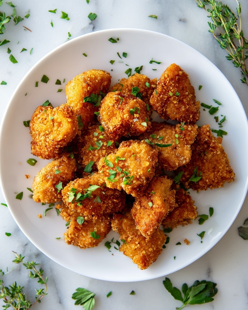 A white plate holds about twelve pieces of golden brown fried chicken, each with a rough, crispy texture and small bits of green herbs sprinkled on top. The chicken pieces are uneven in shape, piled together in the center of the plate. Around the plate, fresh green parsley leaves are scattered on a white marbled surface, adding spots of color. The lighting highlights the crunchy exterior of the chicken, making it look hot and tasty. photo taken with an iphone --ar 4:5 --v 7