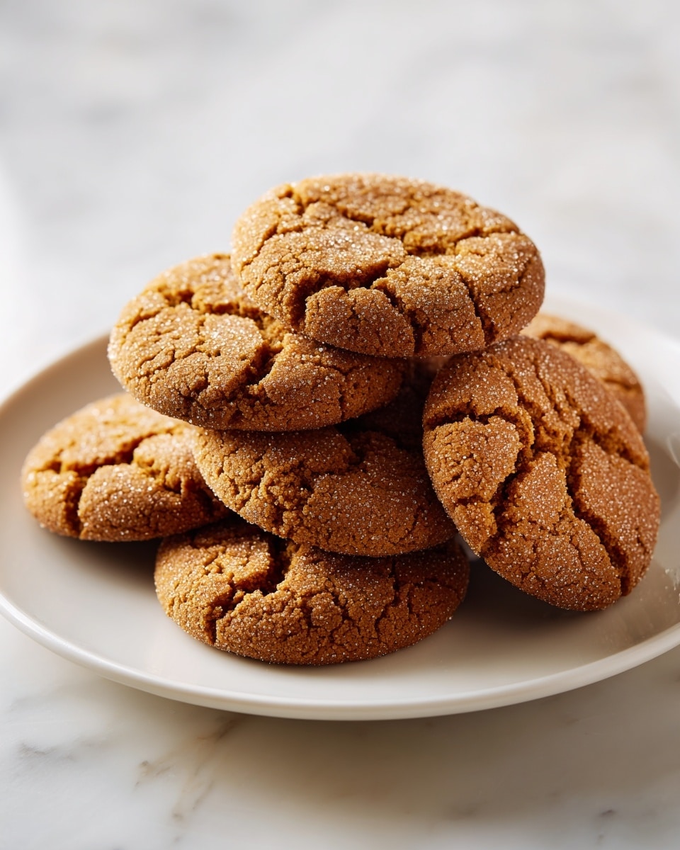 A stack of seven round, golden-brown ginger cookies with a cracked surface and a light sugar coating sits on a white plate with a thin gold rim. The cookies look soft and slightly crumbly, showing texture with fine cracks on top. The plate is set on a white marbled surface. The photo taken with an iphone --ar 4:5 --v 7