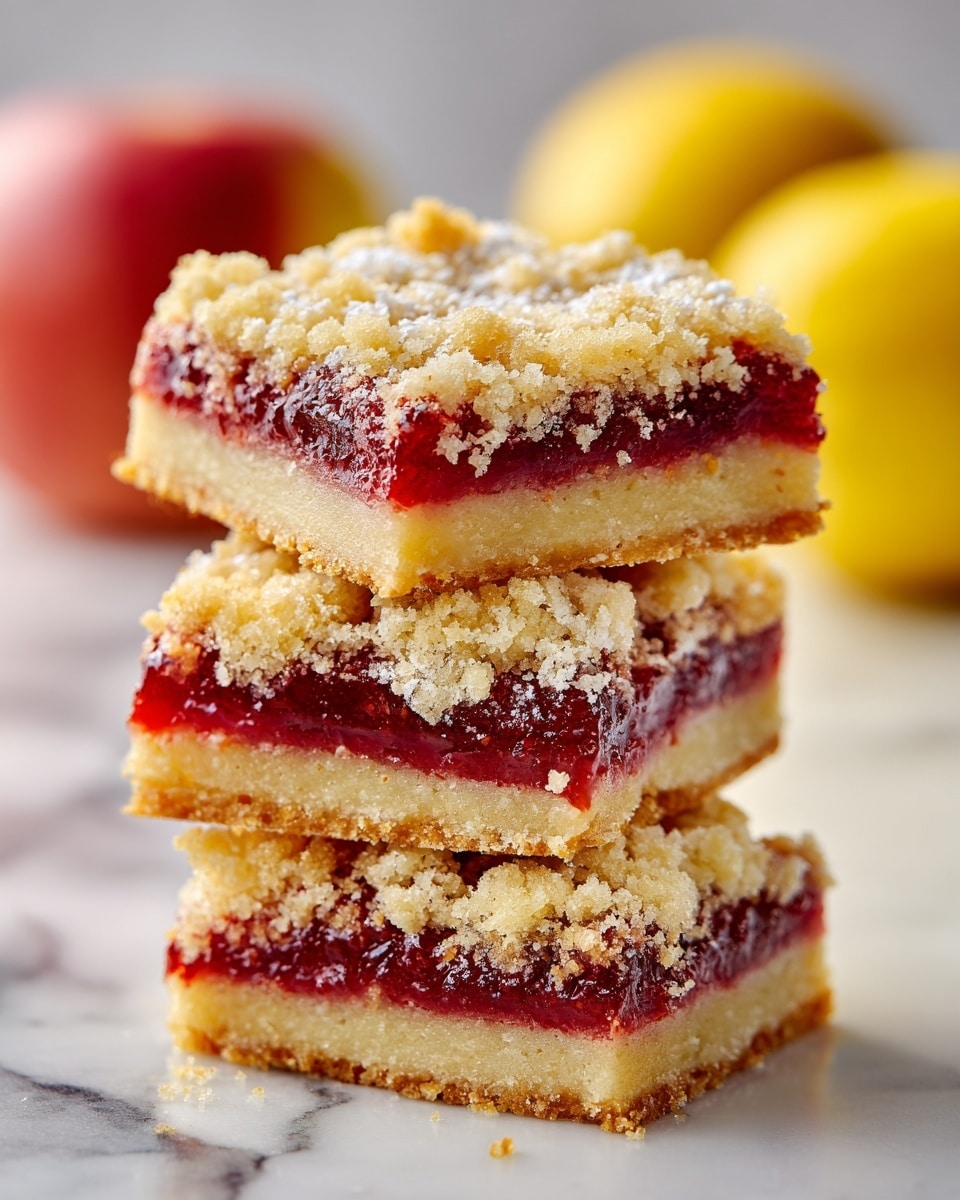 The image shows a close-up of three square dessert bars stacked on top of each other on a white marbled surface. Each bar has three visible layers: a light golden brown crumbly base, a bright red and glossy jam middle layer, and a light golden brown crumbly topping with a dusting of powdered sugar. The texture of the crumbly layers looks coarse and crunchy, while the jam layer appears smooth and thick. The lighting highlights the textures and colors clearly. photo taken with an iphone --ar 4:5 --v 7