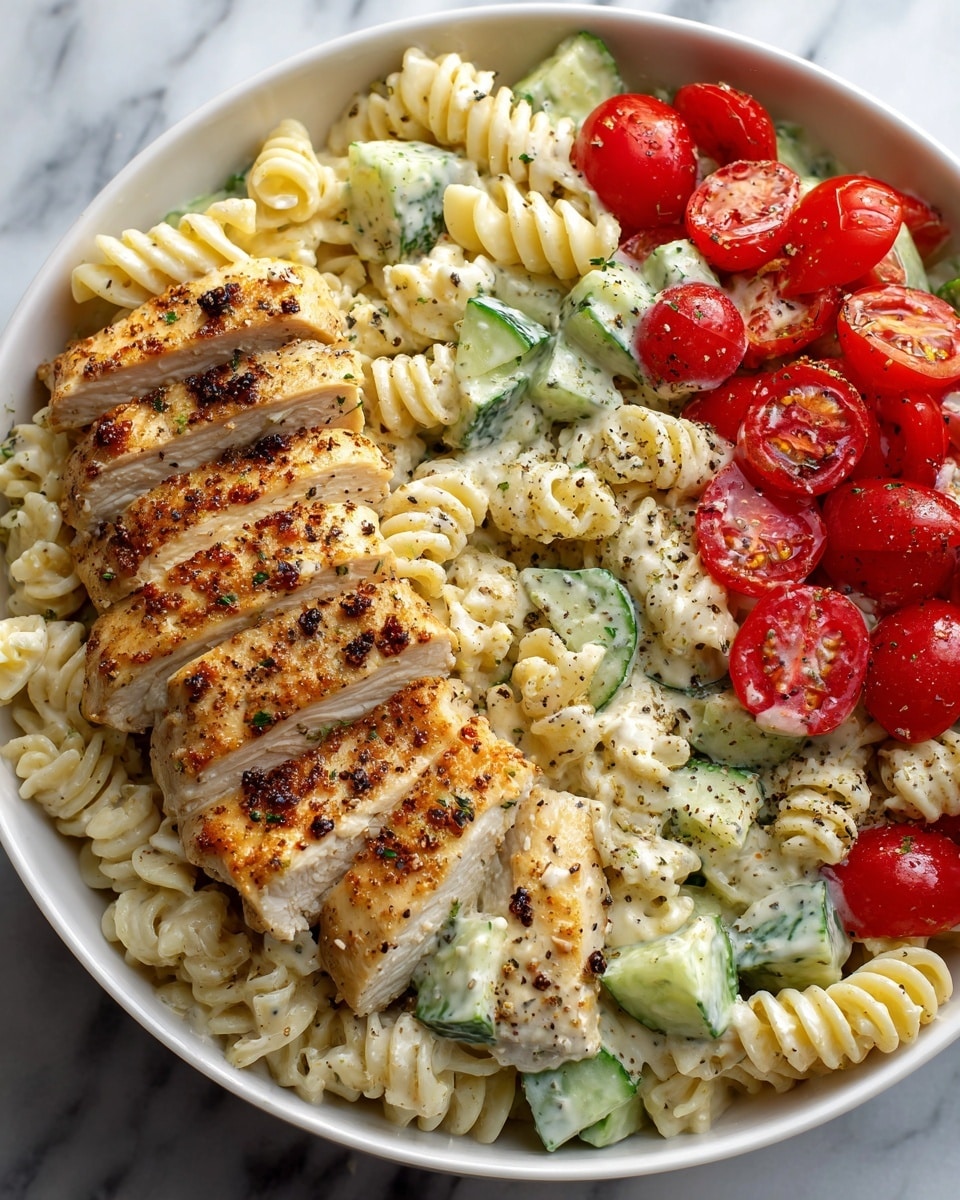 The image shows a close-up of a white bowl filled with a colorful pasta salad. The bottom layer is made of spiral pasta in a pale yellow color. Mixed with the pasta are bright green cucumber pieces and red cherry tomatoes, giving fresh and vibrant colors. On top of the salad are chunks of grilled chicken with a light brown, slightly charred texture. The dish is sprinkled with small green herbs and a dusting of black pepper, adding contrast. The background is a white marbled surface, and a woman's hand is gently holding the bowl near the edge. Photo taken with an iphone --ar 4:5 --v 7