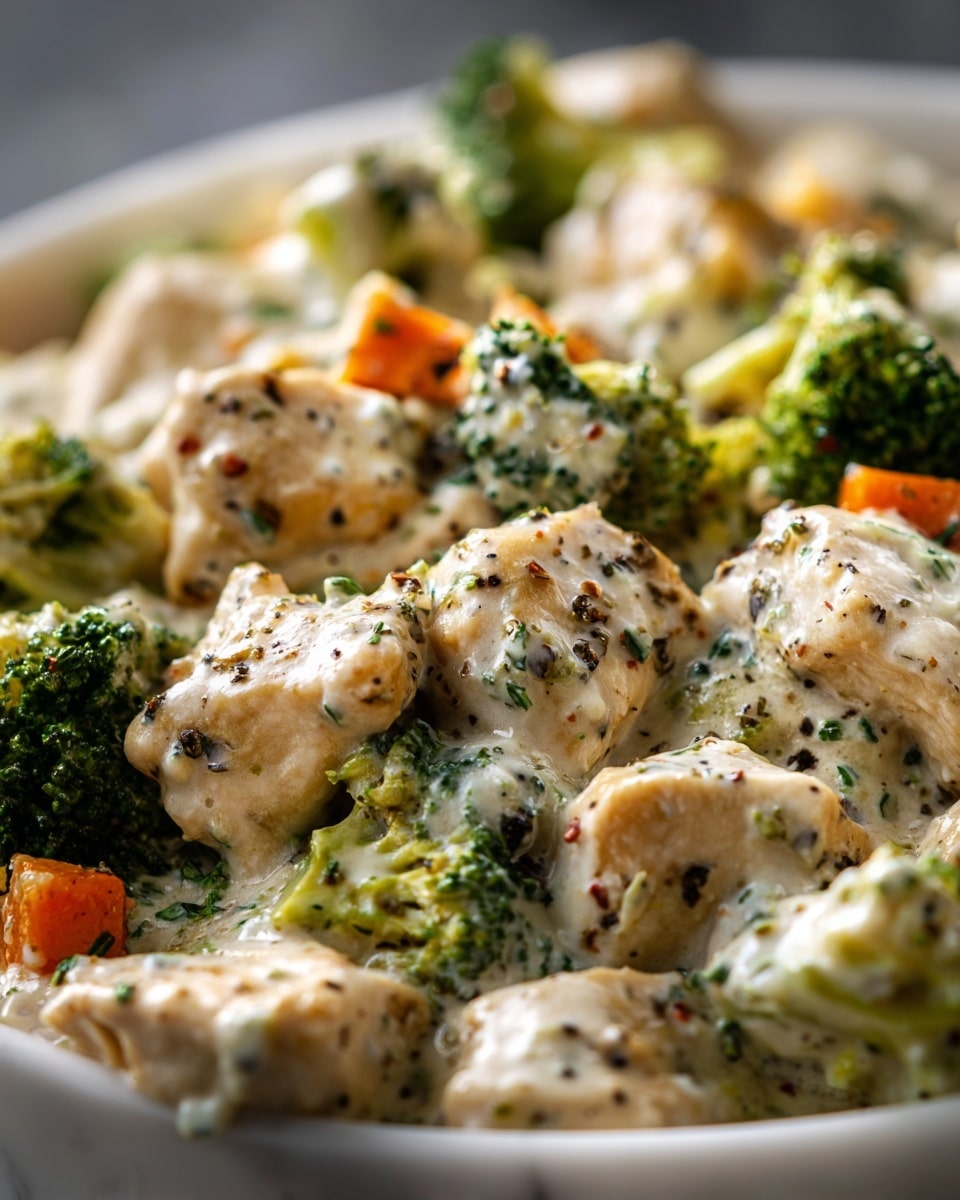 The image shows a close-up of a creamy chicken dish with small broccoli florets and orange carrot pieces mixed in. The chicken pieces are coated in a thick, white sauce with black pepper sprinkled on top. The vegetables add vibrant green and orange colors that contrast with the light sauce and the browned chicken edges. The textures look soft and tender, with the sauce smoothly covering the ingredients. photo taken with an iphone --ar 4:5 --v 7