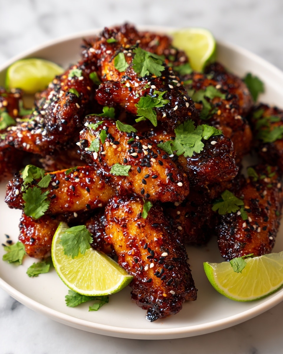 A white plate filled with several dark orange grilled chicken wings covered in a sticky sauce with small seeds. Some bright green cilantro leaves are scattered on top and around the wings. There are also two light green lime wedges placed on the plate's edges. The surface beneath the plate is a white marbled texture. photo taken with an iphone --ar 4:5 --v 7