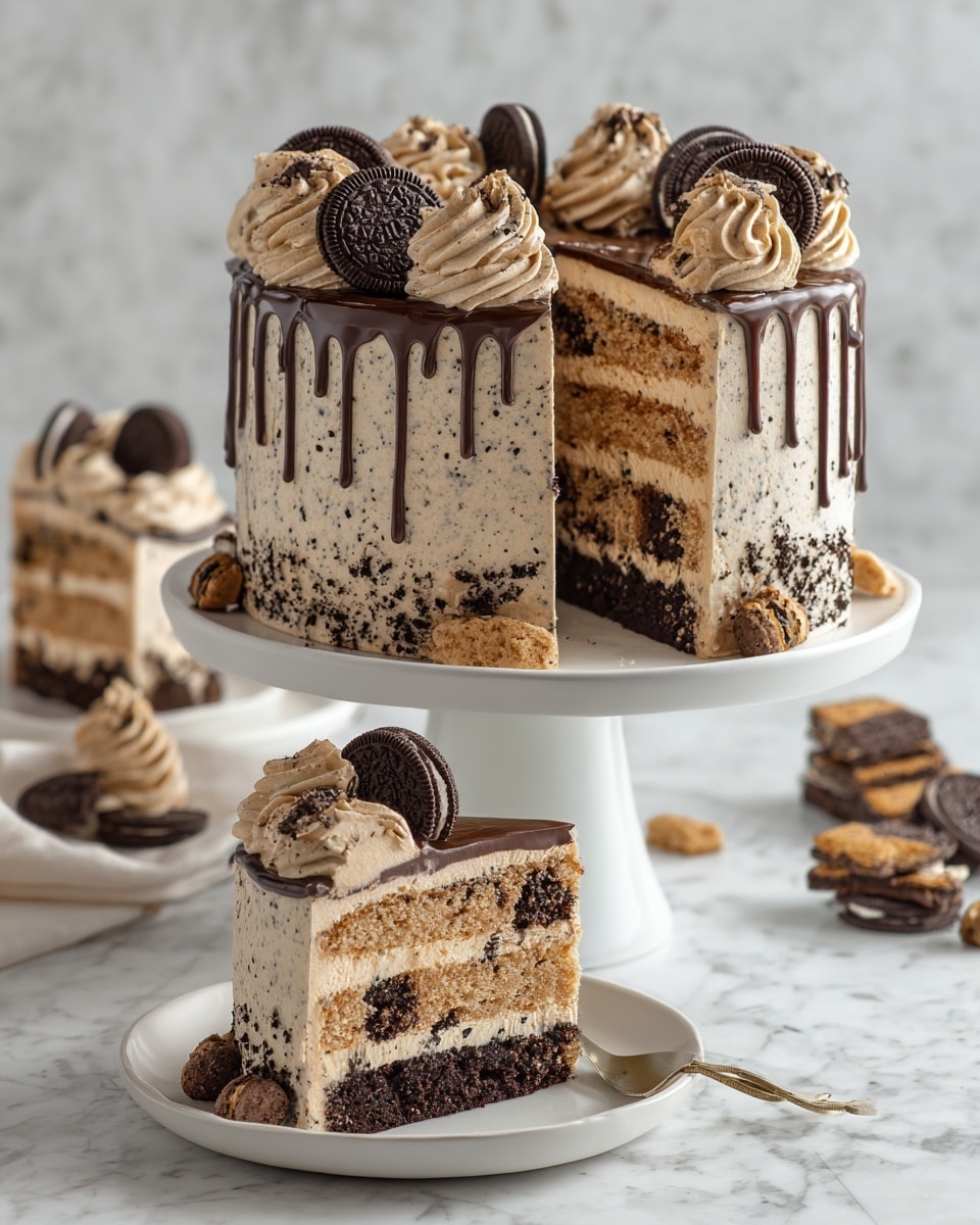 A tall, layered cake with three light cream-colored layers speckled with dark cookie bits, alternating with two rich dark chocolate layers in between, sits on a white cake stand. The cake is covered evenly with light cookies and cream frosting, and the top edge is decorated with smooth chocolate ganache dripping down the sides. On top, there are six swirls of cookies and cream frosting, each holding a half Oreo cookie and a piece of brownie. A large slice of this cake is placed on a white plate, showing the clear layers, and is garnished with extra whole Oreos, a swirl of frosting, and a brownie piece beside it. The setting is a clean kitchen counter with a white marbled texture. photo taken with an iphone --ar 4:5 --v 7