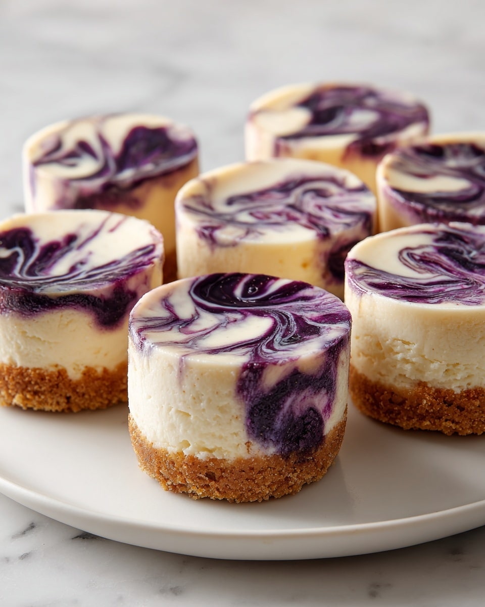 The image shows six small round cheesecakes arranged on a white plate with a white marbled texture underneath. Each cheesecake has three clear layers: a bottom crumbly golden-brown crust, a thick middle layer of smooth white cream cheese, and a top swirl of deep purple and violet blueberry sauce creating a marbled effect. The berry swirls form circular patterns, blending with the white cream layer, giving a soft and creamy texture on top. The cheesecakes are slightly uneven in the swirl patterns, making each one unique. photo taken with an iphone --ar 4:5 --v 7