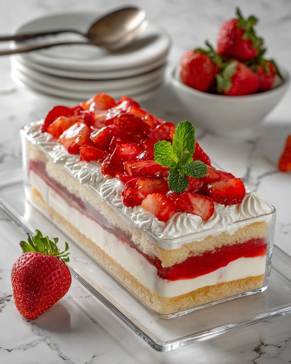 A clear glass rectangular dish holds a three-layer dessert placed on a white marbled surface, surrounded by fresh strawberries with green leaves. The bottom layer is a light golden cake with a soft crumb texture. Above the cake lies a bright red strawberry sauce layer. On top of the sauce is a fluffy white whipped cream layer that spills over the edges slightly. The top layer is a glossy red strawberry topping, with both whole and halved strawberries arranged unevenly, some coated in the sauce and others showing seeds and white inside flesh, finished with a small green mint leaf in the center. Photo taken with an iphone --ar 4:5 --v 7
