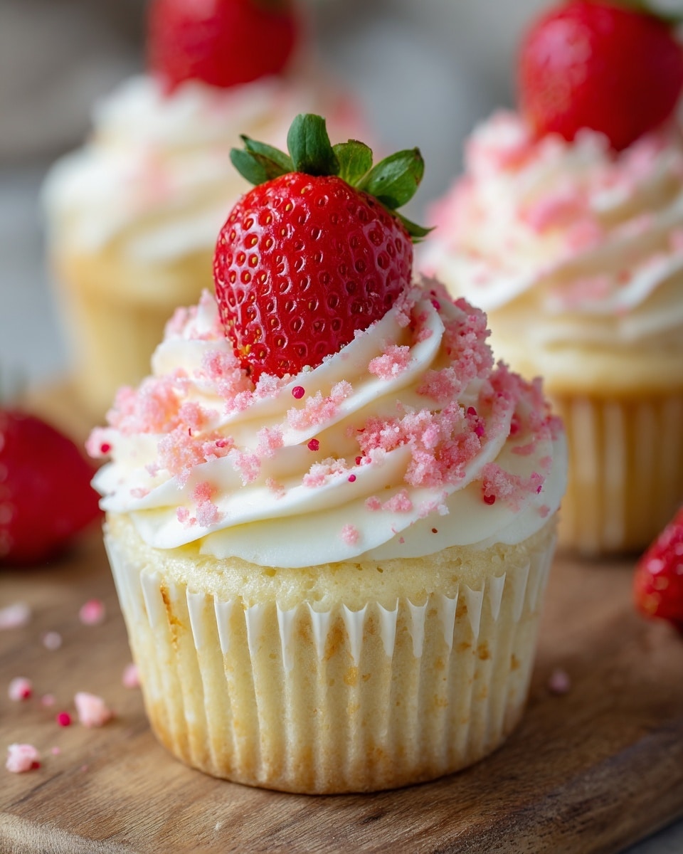 The image shows a close-up of a cupcake in a white paper liner. The cupcake has three main layers: at the bottom is a soft, light yellow cake base, topped with smooth white cream frosting swirled in a circular pattern, which is covered with small red and light pink crumbs evenly sprinkled on top. The cupcake is finished with a bright red strawberry slice, including its green small stem, placed upright on the frosting. Two more similar cupcakes are slightly blurred in the background on a white marbled surface with a few whole strawberries around. Photo taken with an iphone --ar 4:5 --v 7