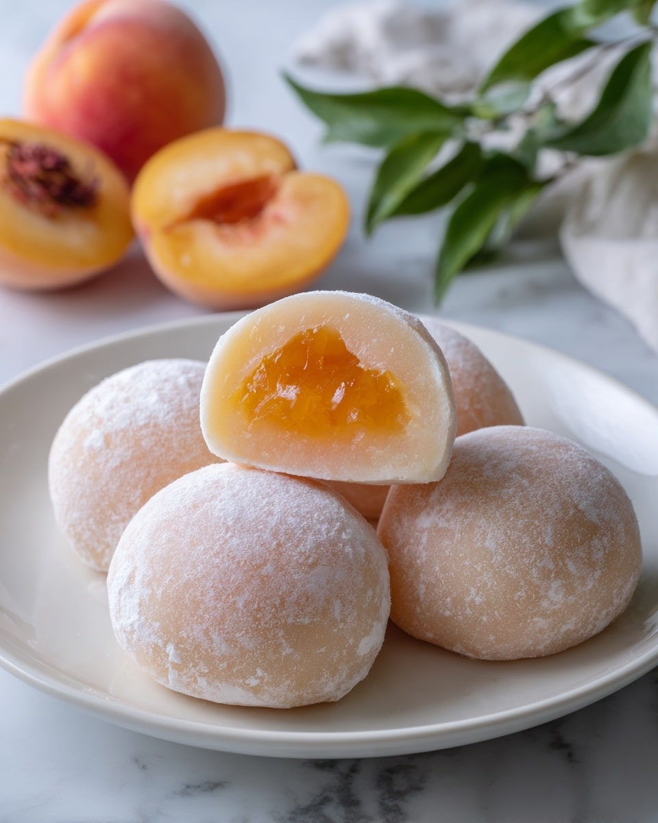 A white plate holds four round mochi with a soft peach color dusted lightly with white powder. Three mochi sit flat on the plate, while one is held up showing a cross-section that reveals a smooth, bright orange filling inside. The mochi outer layer has a smooth, slightly translucent texture giving a delicate look. In the blurred background, a peach fruit with green leaves rests on a white marbled surface. Photo taken with an iphone --ar 4:5 --v 7
