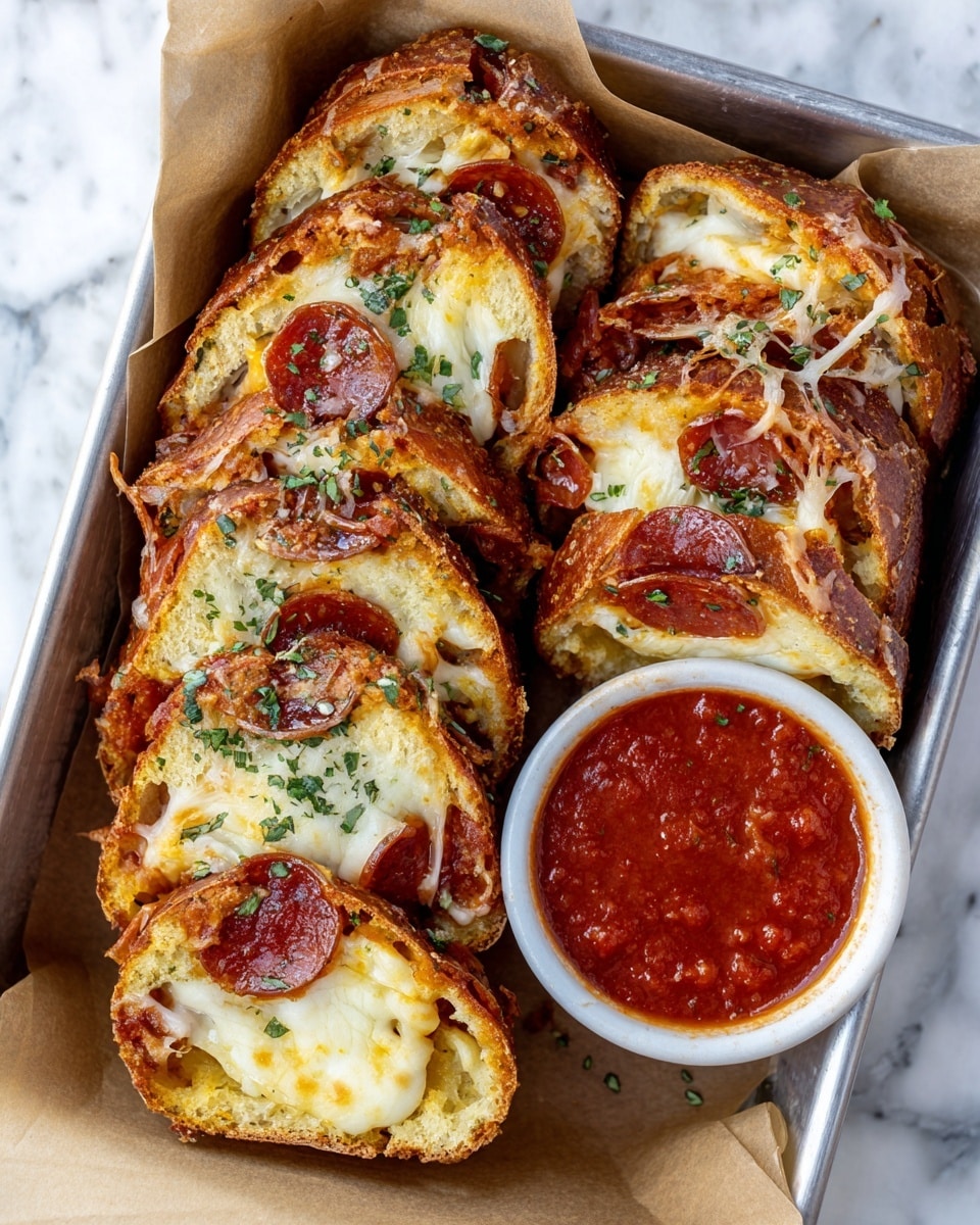 The image shows a close-up view of several slices of stuffed bread arranged tightly in a baking tray lined with brown parchment paper. Each slice reveals a swirl with several layers: the outer soft bread crust is golden brown with some melted white cheese and green chopped herbs on top, inside layers include thin, round dark red pepperoni slices nestled in melted white cheese. To the side of the bread slices, there is a small white cup filled with a thick red dipping sauce sprinkled with small herbs. The setup is placed on a white marbled texture surface. photo taken with an iphone --ar 4:5 --v 7