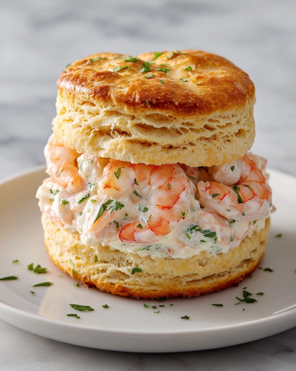 A close-up of a two-layer biscuit sandwich on a white plate sitting on a white marbled surface. The top layer is a golden-brown biscuit with a flaky, textured surface sprinkled with chopped green herbs. The middle layer is filled with plump, light pink shrimp that are slightly curled and mixed with a creamy, off-white sauce. The bottom layer is another golden flaky biscuit, similar in texture to the top. A few small green herb pieces are scattered around the plate. Photo taken with an iphone --ar 4:5 --v 7