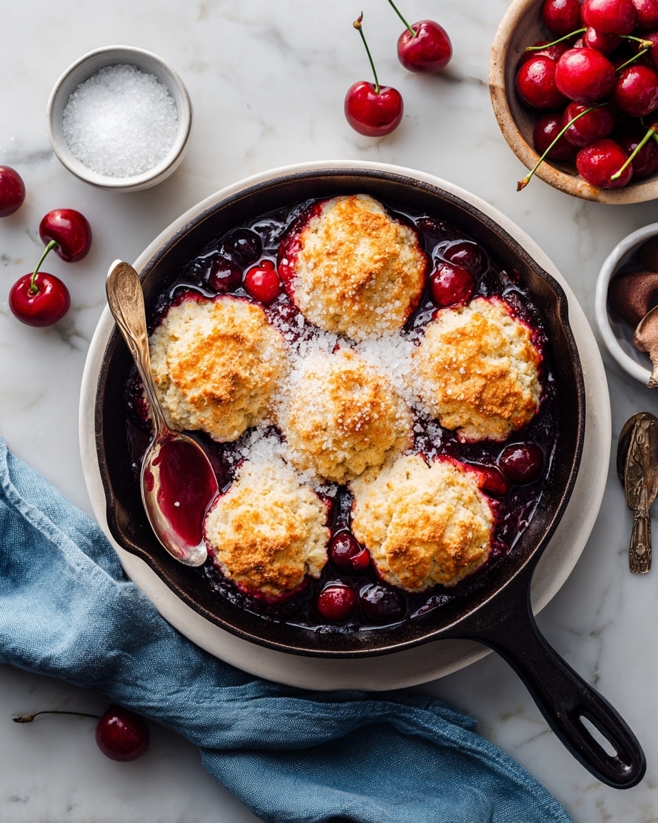 A black cast iron skillet holds a cherry cobbler with five large golden-brown crumbly biscuit pieces on top, each textured with a crunchy surface. Between the biscuit pieces, bright red cherries and deep red cherry filling peek through, looking juicy and syrupy with a glossy finish. The skillet is placed on a white plate, all set on a white marbled surface. A silver spoon rests inside the skillet, partially submerged in the dark red filling. Nearby, three fresh shiny cherries with stems lie on the white marbled surface next to a small white bowl with coarse white sugar in a silver spoon inside it. A light blue cloth is casually placed next to the skillet. Photo taken with an iphone --ar 4:5 --v 7