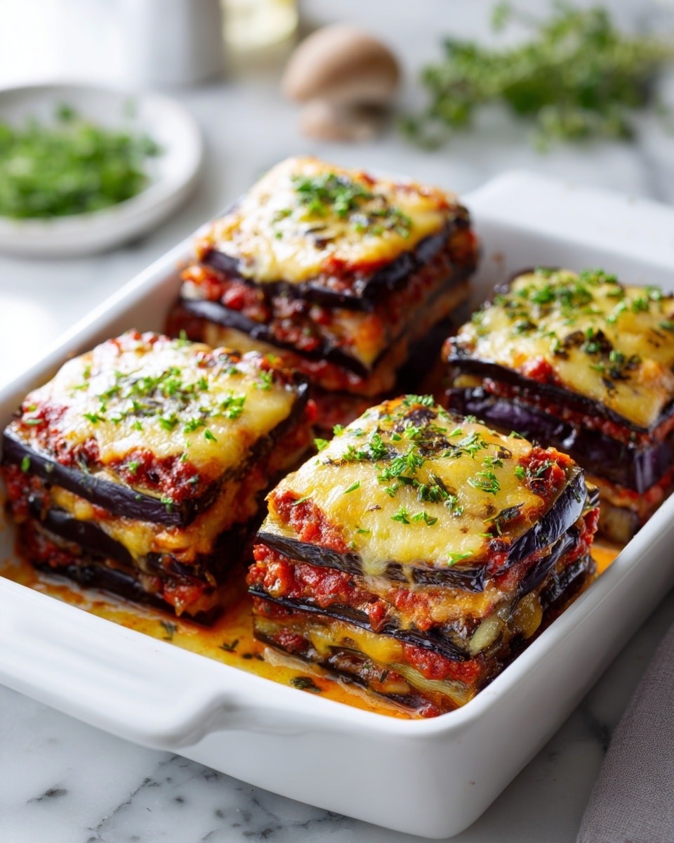 The dish shows four square parts of baked eggplant lasagna in a white oval ceramic baking dish. Each part has three visible layers of dark purple eggplant slices, with a bright red tomato meat sauce layered between them. The top layer is golden melted cheese with light brown spots, sprinkled with small green herb leaves. The sauce peeks around the sides of the lasagna pieces, giving a rich and chunky look. The baking dish is set on a wooden board with a purple and white striped cloth nearby, resting on a white marbled surface. Photo taken with an iphone --ar 4:5 --v 7