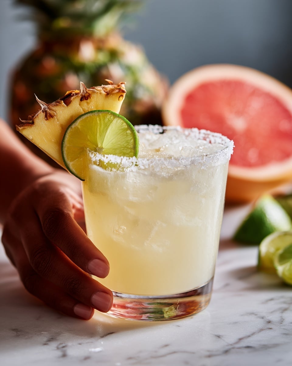 A clear glass filled with a pale yellow drink, slightly frothy on top with small ice cubes visible inside. The rim of the glass is coated with coarse white salt. On the right side of the glass, a thick triangular slice of pineapple with spiky green leaves is placed as a garnish. Behind the pineapple slice, a bright red slice of grapefruit is also attached to the rim. Two thin green lime slices rest at the back edge of the glass. The glass sits on a white marbled surface with blurred green jalapeños and other citrus fruits in the background. Photo taken with an iphone --ar 4:5 --v 7