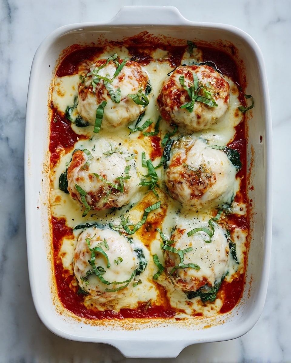 The image shows a white ceramic baking dish filled with six stuffed pasta shells arranged in two rows. Each shell is covered in layers of melted white cheese with a creamy, slightly browned texture on top, and dark green spinach leaves peeking through. The pasta shells sit on a rich, thick red tomato sauce spread evenly across the bottom of the dish. Small green herb leaves are sprinkled over the cheesy shells, and there are spots of black pepper visible on the cheese, adding texture and color contrast. The scene is set on a white marbled surface with some greenery blurred in the background. photo taken with an iphone --ar 4:5 --v 7