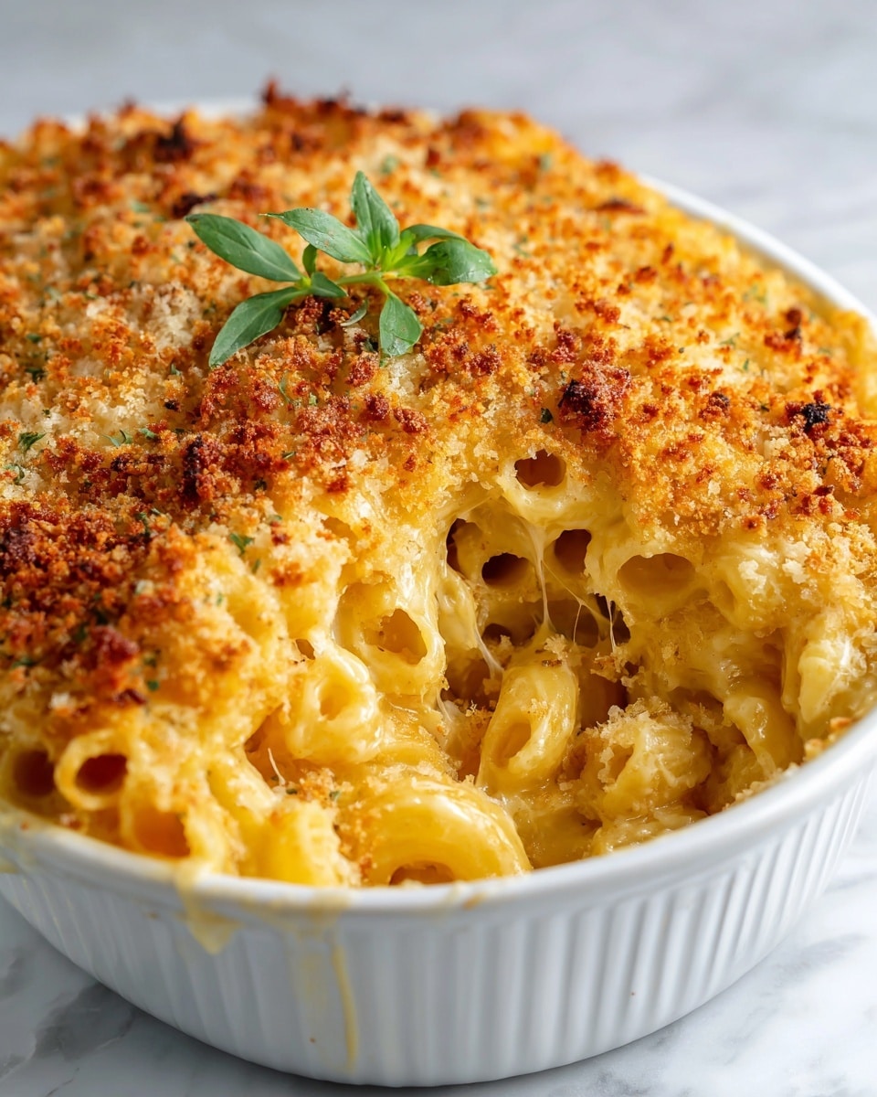 A close-up of a white bowl filled with baked macaroni and cheese showing a thick golden brown crust on top that is crispy with small browned spots and breadcrumb texture. Underneath the crust, the macaroni pasta is visible, thickly coated in creamy, melted cheese that stretches in gooey strings where a portion is removed from the center. The macaroni pieces are tubular, light yellow, and shiny with cheese sauce. There is a small sprig of fresh green herb placed on the top crust. The bowl sits on a white marbled surface. photo taken with an iphone --ar 4:5 --v 7