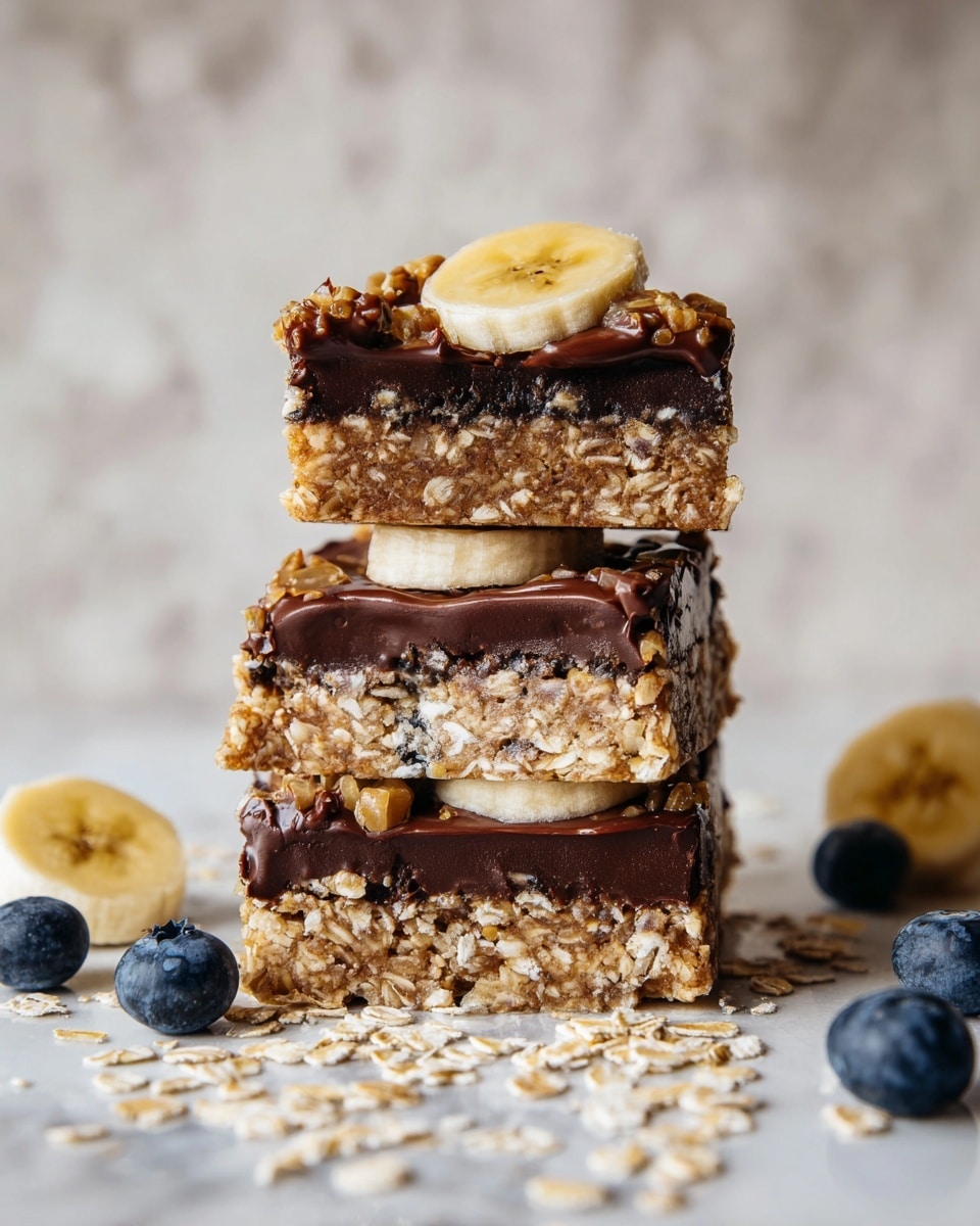 A close-up view of a three-layer stack of oat bars on a white marbled surface, each bar showing a dense, textured layer of oats mixed with chunks of dark chocolate in the middle. The top bar is decorated with two round slices of banana placed side by side. Scattered oats and a few whole blueberries surround the stack on the surface. The bars have a golden brown color with visible oats and smooth chocolate melting slightly in the center. Photo taken with an iphone --ar 4:5 --v 7