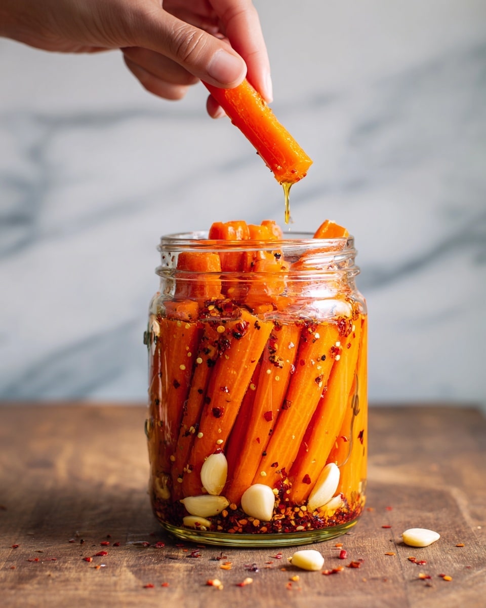 A clear glass jar filled with bright orange carrot sticks, some whole cloves of white garlic, and small black peppercorns all mixed together and covered in a shiny spicy oil with red chili flakes scattered throughout; a woman's hand holding a carrot stick dripping with oil above the jar; the background and surface are a white marbled texture with a small white bowl of chili flakes blurred in the background; the carrot sticks are thick and packed tightly in the jar with oil glistening all around, making the colors look rich and fresh photo taken with an iphone --ar 4:5 --v 7
