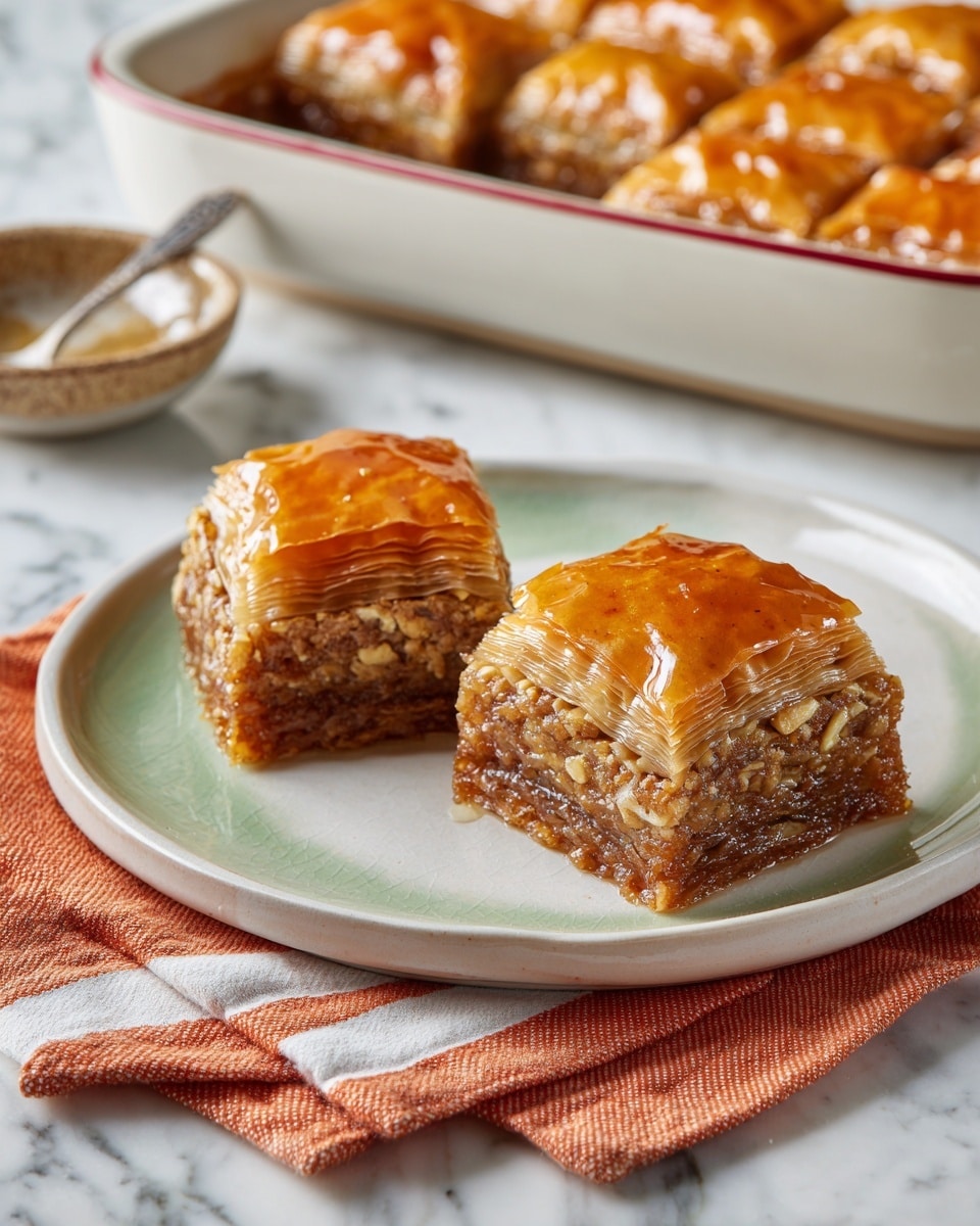 Two pieces of baklava sit on a white plate with light green glaze, placed on a folded orange and white striped cloth. Each baklava piece has several golden-brown crispy layers on top and a dense, textured nut mixture filling below. In the background, there is a white baking dish filled with more baklava and a blurred small white bowl with a spoon, all on a white marbled surface. photo taken with an iphone --ar 4:5 --v 7
