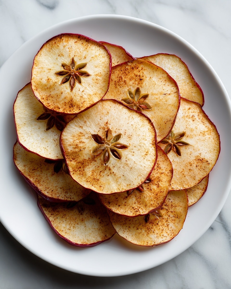 A white plate filled with a single layer of dried apple chips, each chip thin and round with a reddish-brown edge and a light brown center speckled with darker brown spots of cinnamon or spices. The chips have a slightly wrinkled texture and the core holes form star shapes in the middle of each slice. The apple chips overlap slightly, showing their varying tones of golden brown and soft cinnamon hues against the smooth white plate and a white marbled surface beneath it. photo taken with an iphone --ar 4:5 --v 7