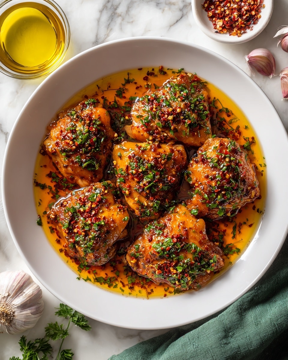 The image shows a white round dish filled with six golden-brown baked chicken thighs covered in a rich, glistening sauce that has a mix of orange and reddish hues, with visible seeds and small chili flakes. The chicken is garnished with chopped green herbs, scattered evenly across the top, adding a fresh contrast. The dish is placed on a white marbled surface with a clear small bowl of golden-yellow oil and chili flakes to the right side, a green cloth partially visible on the bottom left, some fresh herbs at the top, and a whole garlic bulb to the right. The chicken pieces fill the dish closely, with the sauce pooling around them in a shiny, slightly oily layer. Photo taken with an iphone --ar 4:5 --v 7