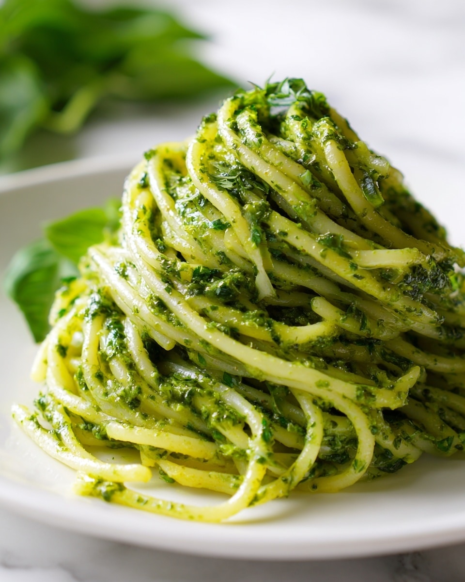 A close-up shot of a tall pile of spaghetti noodles coated evenly in bright green pesto sauce on a white plate, the pasta strands glossy and slightly tangled, showing a creamy texture of the green sauce filled between the noodles, with fresh green basil leaves softly blurred in the background on a white marbled surface photo taken with an iphone --ar 4:5 --v 7
