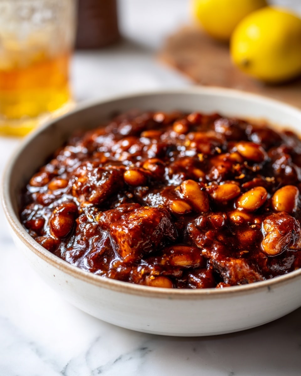 A close-up view of a white bowl filled with thick, dark brown baked beans mixed with tender pieces of glazed bacon, creating a shiny and sticky texture on top. The beans and bacon layers blend together, showing a rich and glossy surface that highlights the sauce’s thickness. The bowl is set on a white marbled surface with a blurred yellow apple and a glass jar of sauce in the background, softly out of focus. Photo taken with an iphone --ar 4:5 --v 7