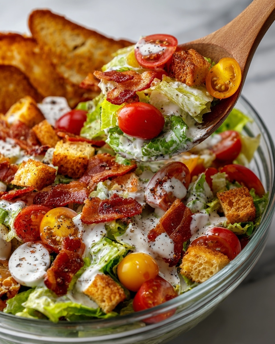 A fresh salad in a clear glass bowl shows layers starting with crisp green romaine lettuce pieces as the base. Scattered on top are bright red and yellow cherry tomato halves, adding pops of color. Golden-brown croutons with a crunchy texture sit on the salad along with small strips of crispy bacon, bringing a rich reddish-brown hue. Creamy white dressing is lightly drizzled over everything. A wooden spoon holds a portion of the salad above the bowl, clearly showing the mix of all the ingredients. The bowl is placed on a white marbled surface with a white cloth nearby and slices of crusty bread in the background. photo taken with an iphone --ar 4:5 --v 7