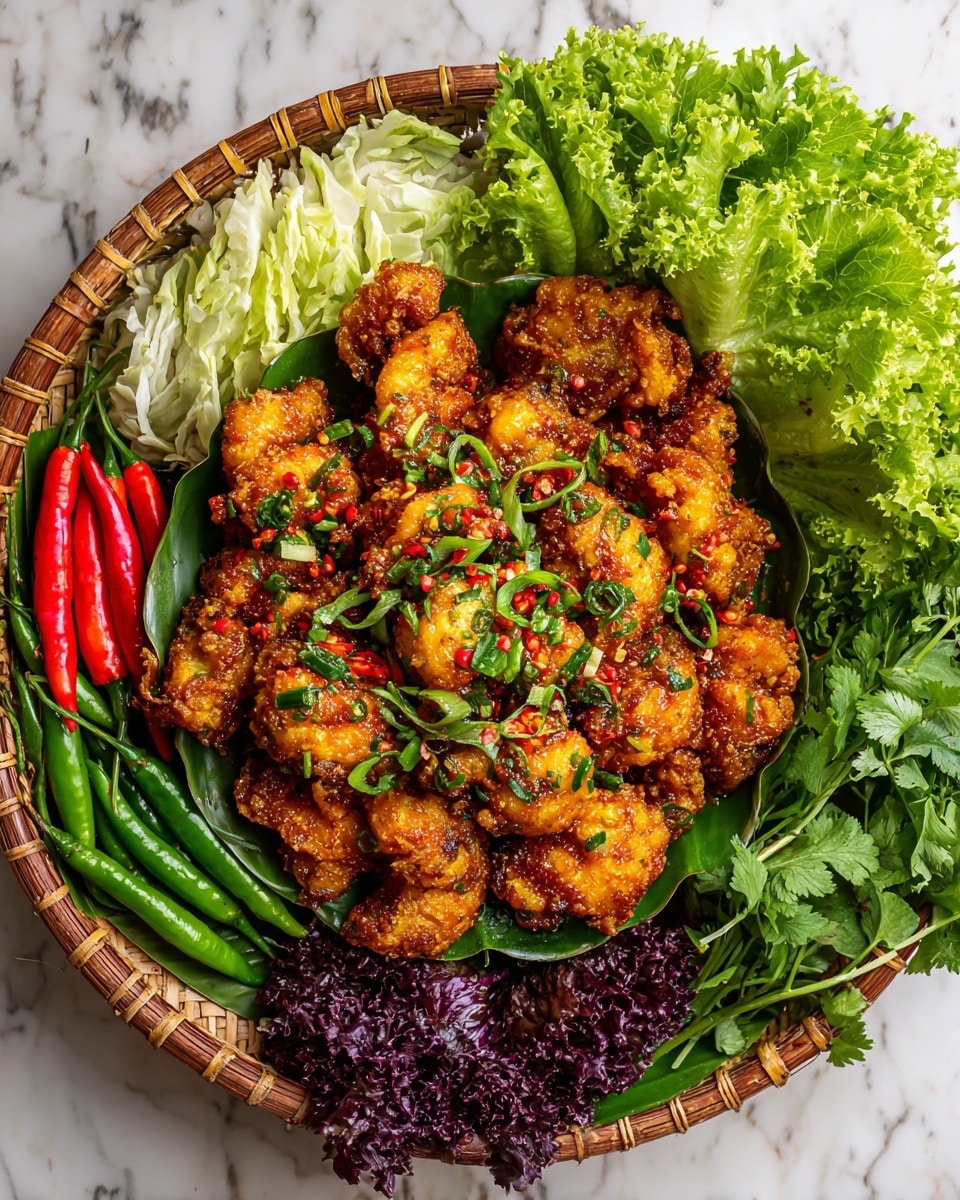 The dish is a pile of crispy golden brown fried chicken pieces in the center, each piece showing a crunchy texture dusted with red chili flakes and sesame seeds, mixed with green herbs and slices of shallots on top. Around the chicken, there is a bed of leafy vegetables including light green cabbage on the upper left, dark green and purple lettuce on the right, and green cilantro on the lower right. On the side, there are bright red and green chilies placed neatly. All of this is served in a woven basket lined with a large green leaf, placed on a white marbled surface. photo taken with an iphone --ar 4:5 --v 7