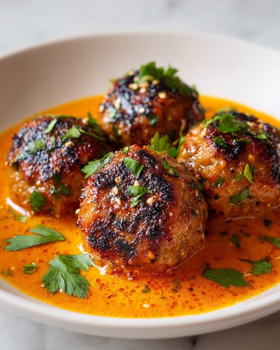 The image shows a close-up of four round meatballs on a white plate. The meatballs have a golden-brown grilled surface with visible char marks. They are covered with a shiny, thick orange-brown sauce that clings to the meatballs. Fresh green parsley leaves are sprinkled on top and around the meatballs, adding contrast to the browns and oranges. Some white sesame seeds are scattered in the sauce near the meatballs. The background is a white marbled surface. photo taken with an iphone --ar 4:5 --v 7
