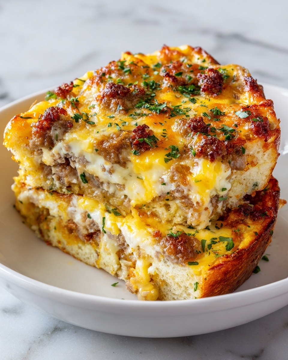 The image shows a close-up of a thick, round, stuffed bread with one slice removed, revealing its inside layers. The top layer is golden brown with melted cheddar cheese and small browned spots of cooked ground meat and bits of sausage mixed with green herbs. Inside, layers of soft white bread are filled with creamy white sauce mixed evenly with more ground meat and sausage pieces. The bread looks fluffy and moist with a slightly crispy, cheesy crust on top. The round bread sits on a white plate, placed on a white marbled surface. photo taken with an iphone --ar 4:5 --v 7