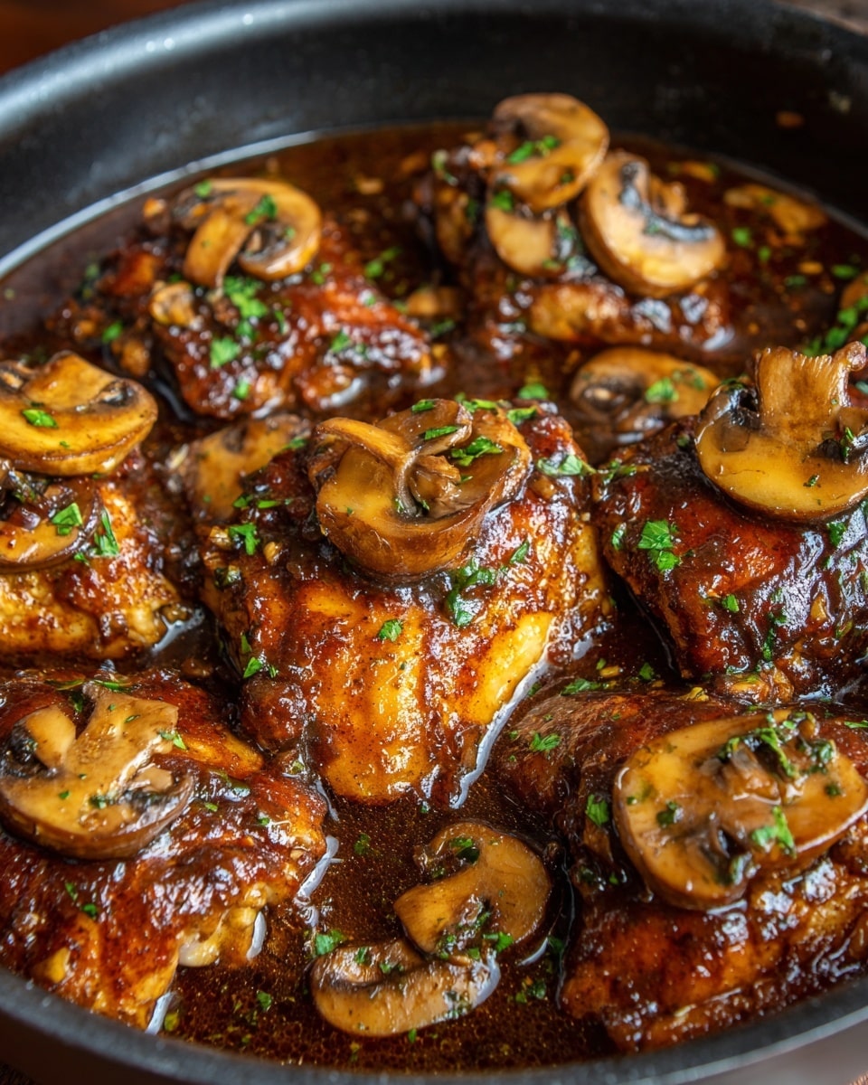 A close-up of a skillet showing several golden-brown chicken pieces topped with sliced mushrooms in a thick, shiny brown sauce. The chicken has a crispy texture with herbs sprinkled on top, adding a touch of green color to the dish. The mushrooms look tender and cooked, covering the chicken in a rich glaze that fills the pan. The background is a white marbled texture. Photo taken with an iphone --ar 4:5 --v 7