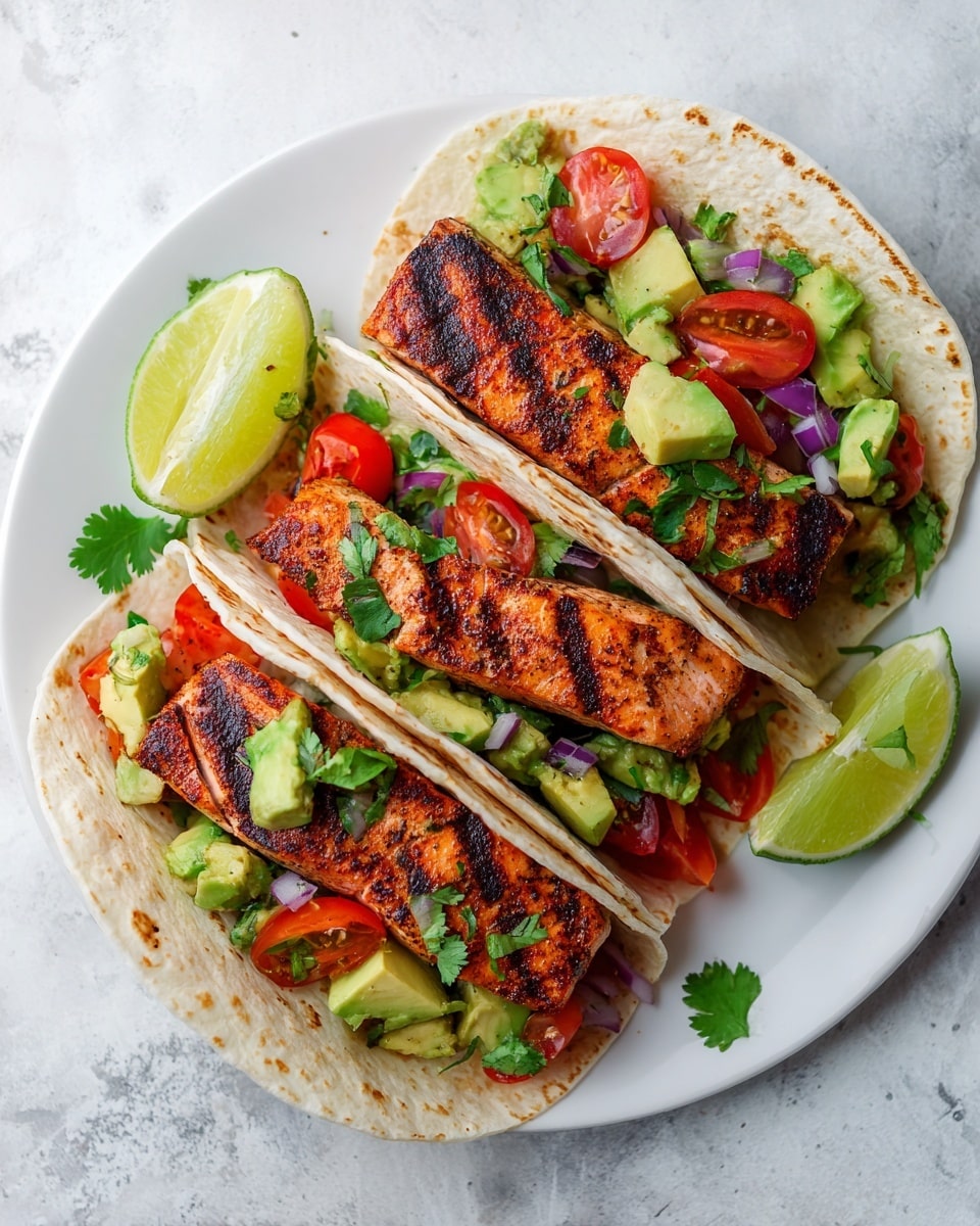 Three grilled salmon tacos are placed closely on a white plate with a white marbled background. Each taco has a soft, slightly charred tortilla as the base, filled with a layer of grilled salmon pieces that are pink with black grill marks. On top of the salmon, there is a mix of diced bright green avocado, red cherry tomatoes cut in halves, finely chopped red onions, and some green herbs scattered across. Two lime halves and a few sprigs of cilantro add a fresh touch to the plate. The light shines softly, highlighting the fresh and colorful ingredients, making the dish look vibrant and appetizing. Photo taken with an iphone --ar 4:5 --v 7