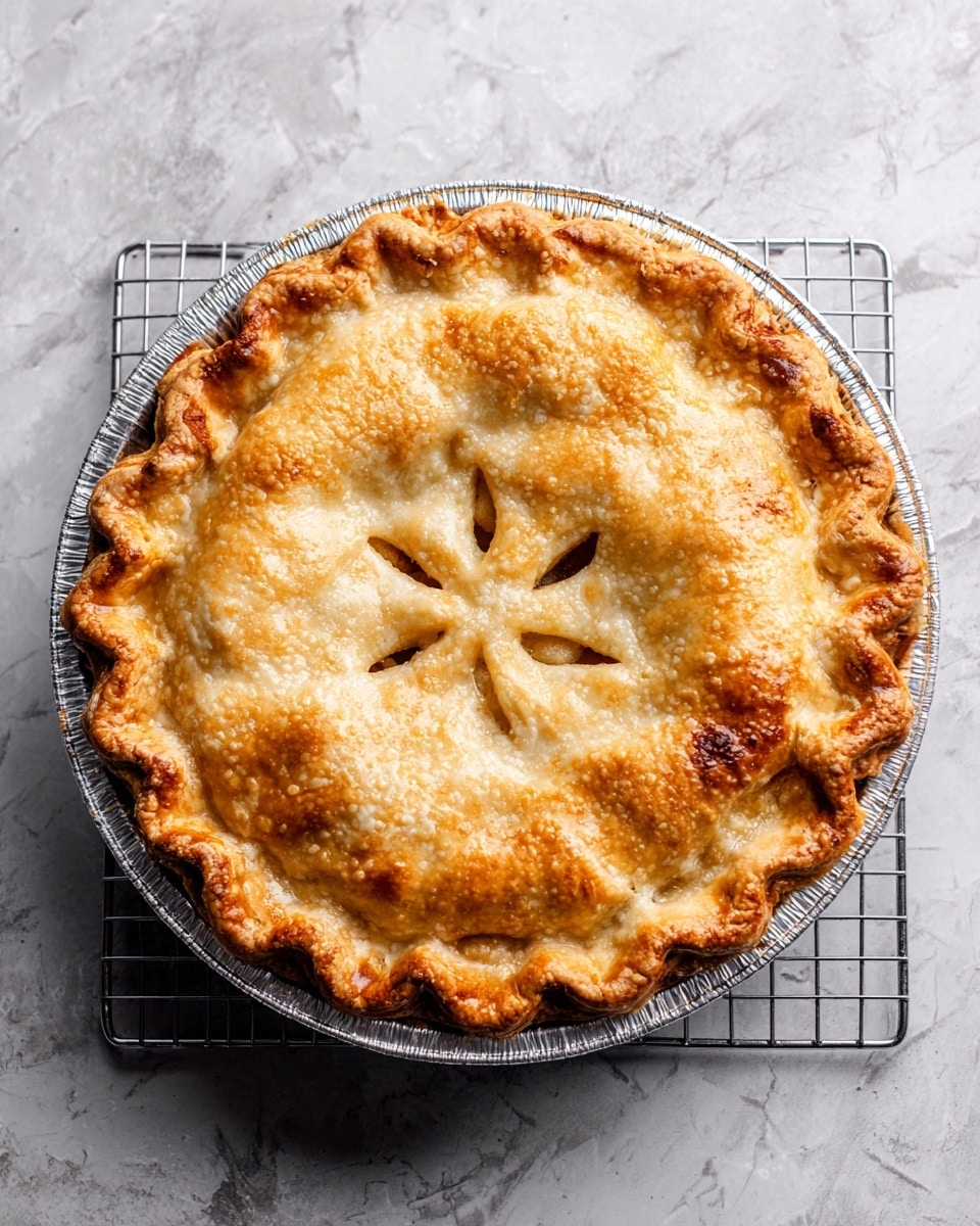 A golden brown pie with a crimped edge sits in a shiny aluminum pie pan. The top crust is bubbly and has a slightly uneven golden texture with a star-like cutout pattern in the center. The pie pan is placed on a round metal cooling rack, all resting on a white marbled surface. The crust's edges are darker and crispier, while the center is lighter and flaky. photo taken with an iphone --ar 4:5 --v 7