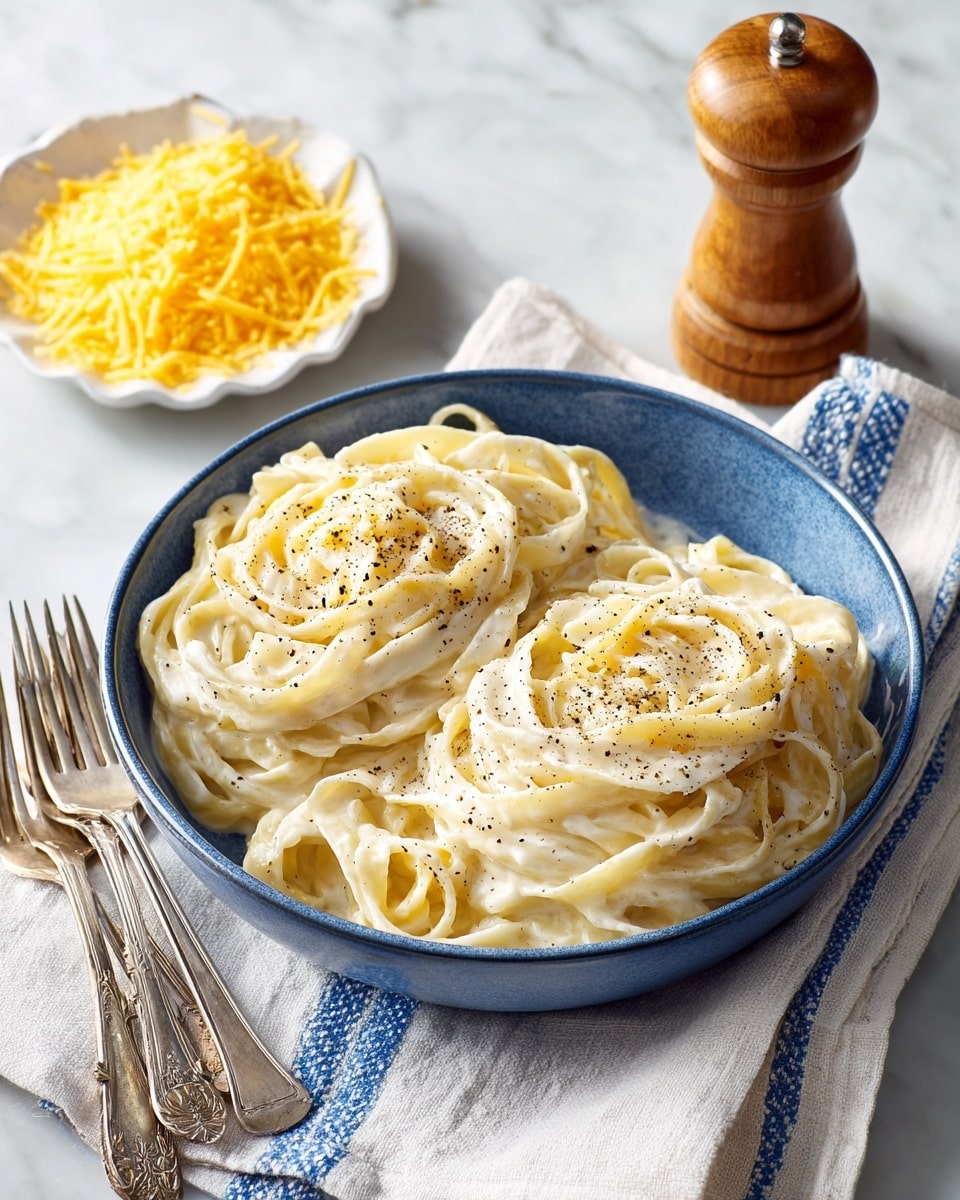 A blue bowl filled with creamy fettuccine pasta coated in a white sauce with specks of black pepper on top; the long pasta strands are layered and slightly twirled in the bowl. In the scene, to the top right of the bowl, there is a small white square dish with grated cheese, and a wooden pepper grinder is partly visible. To the bottom left, a white plate with more pasta can be seen. The whole setup is on a white marbled textured surface with a beige cloth underneath, accompanied by three metal forks on a white cloth with blue stripes. Photo taken with an iphone --ar 4:5 --v 7