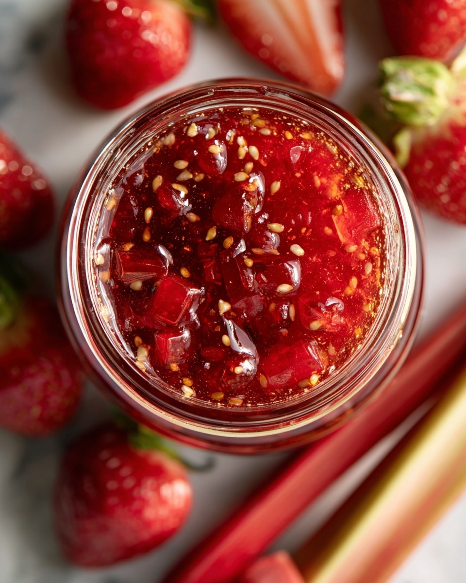 A clear glass jar filled to the top with a chunky, bright red strawberry jam that shows small pieces of strawberry and rhubarb throughout, giving it a textured look with bits of fruit suspended in the jam, creating layers of red shades from deep crimson to lighter pink. The jar is placed on a white marbled surface with fresh whole strawberries and rhubarb stalks blurred softly in the background, adding natural colors of green, red, and pink, enhancing the fresh look of the jam. photo taken with an iphone --ar 4:5 --v 7