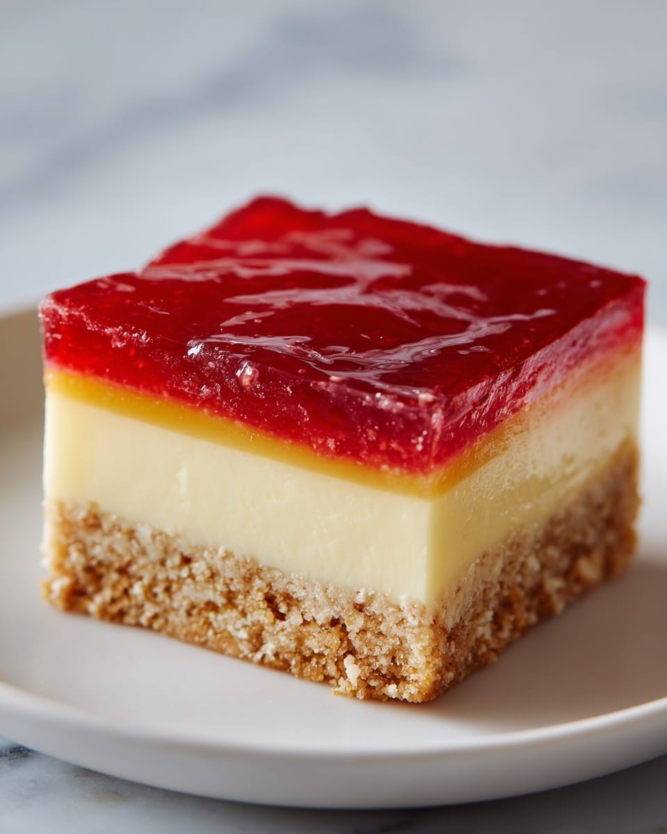 A square dessert bar sits on a white plate on a white marbled surface, showing three clear layers: the bottom layer is a crumbly light brown crust with a rough texture, the middle layer is a smooth creamy pale yellow filling, and the top layer is a thick, glossy red fruit jelly with a slightly uneven surface. The layers are even and distinct, with the red jelly slightly melting into the creamy layer below at the edges. photo taken with an iphone --ar 4:5 --v 7