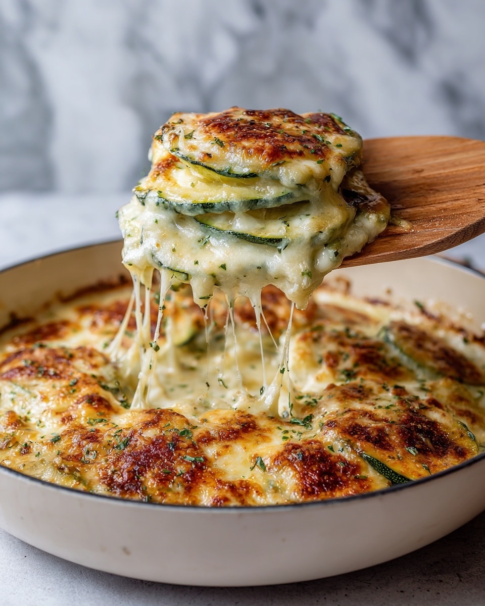 A round white pan filled with layered zucchini slices topped with melted, bubbly golden-brown cheese. The layers include green zucchini rounds covering the base, a creamy white cheese sauce in between, and a thick top layer of browned cheese with small green herb flakes sprinkled throughout. A wooden spatula lifts a stack of three cheesy zucchini slices, showing stretchy melted cheese strings between the pan and the spatula. The background has a white marbled texture. photo taken with an iphone --ar 4:5 --v 7
