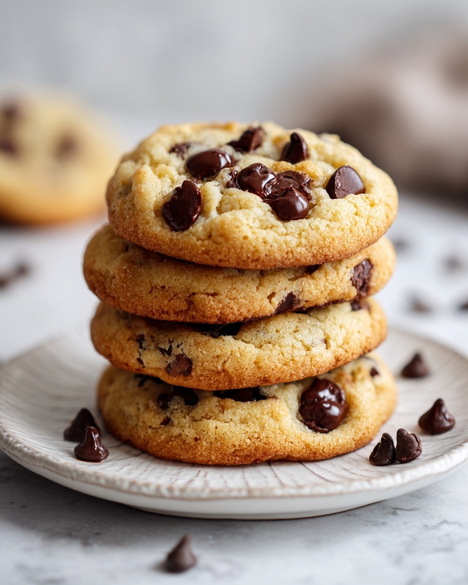 A stack of four peanut butter chocolate chip cookies is placed in the center of a white plate with a decorative edge. Each cookie is golden brown with a slightly cracked texture, and whole chocolate chips are embedded on the top layer, with some chips slightly melted and shiny. Scattered chocolate chips surround the base of the cookie stack on the plate. The background is softly blurred with a white marbled surface under the plate. Photo taken with an iphone --ar 4:5 --v 7