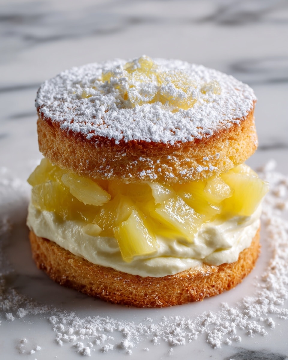 A close-up image of a small sandwich-style dessert with two thick, round cookie-like layers. Each layer is pale yellow with a slightly rough and crumbly texture, generously coated with granulated sugar on the outside. Between the layers is a thick, creamy filling that is light yellow and smooth, topped with visible chunks of bright yellow fruit. The dessert sits on a wooden surface, and the background is softly blurred with a hint of green. Photo taken with an iphone --ar 4:5 --v 7