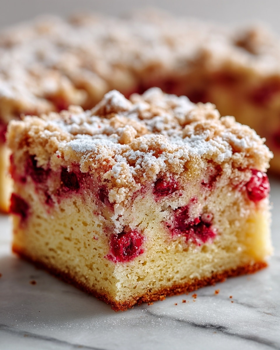 The image shows a close-up of a single slice of cake with two main layers. The bottom layer is dense and pale yellow with a soft, spongy texture. The top layer is a crumbly golden brown with small pieces of red fruit embedded throughout. The entire surface of the cake is dusted with a fine white sugar powder, adding a slight sparkle. The cake rests on a white marbled texture that highlights its colors and crumbly texture. photo taken with an iphone --ar 4:5 --v 7