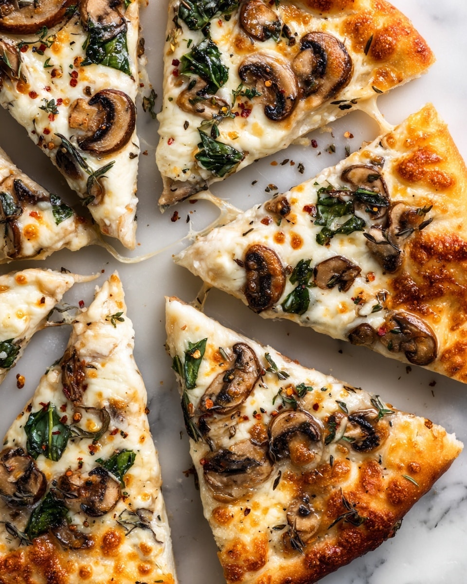 The image shows a pizza cut into seven slices arranged in a circular shape on a white marbled surface. The pizza has a thick, fluffy light golden crust with a soft texture. The base layer is melted white cheese with evenly scattered golden brown spots, giving a bubbly and creamy look. On top, there are thin slices of light brown mushrooms with darker gills and fresh green spinach leaves that add color contrast. The toppings are lightly sprinkled with dried green herbs and small flakes of red chili, enhancing the texture and colors. The cheese looks slightly stretchy and gooey at the edges of each slice. photo taken with an iphone --ar 4:5 --v 7